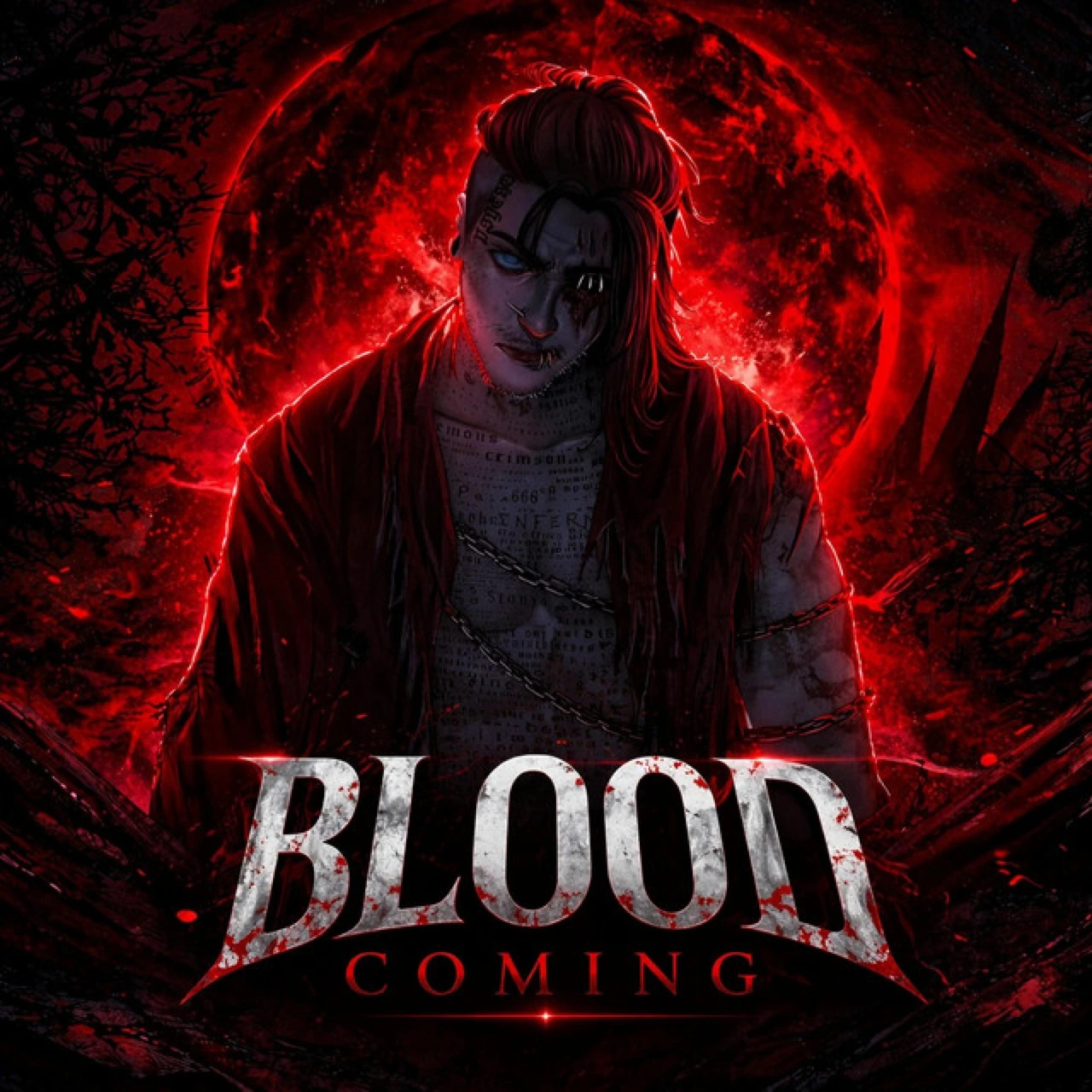Capa com personagem de cabelo vermelho, lua vermelha e tipografia Blood Coming