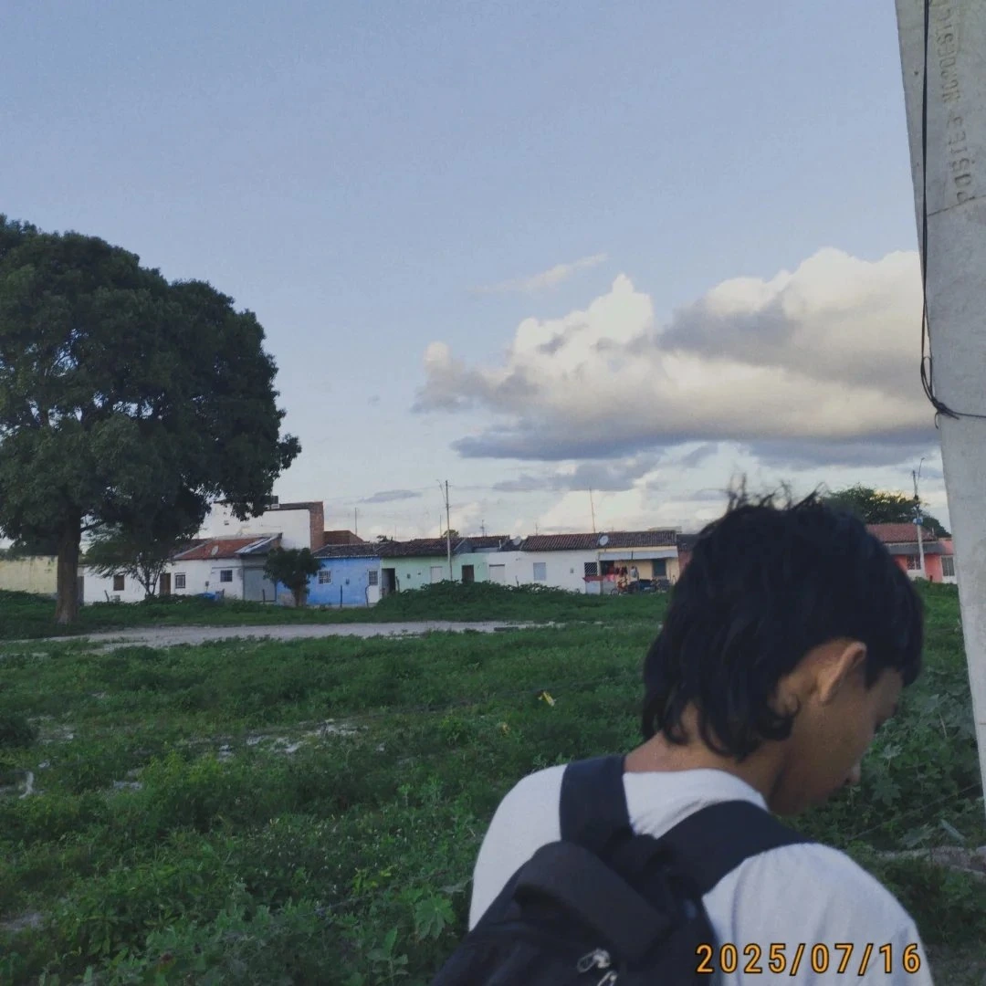 Mortinale de mochila ao ar livre, com árvores e casas ao fundo